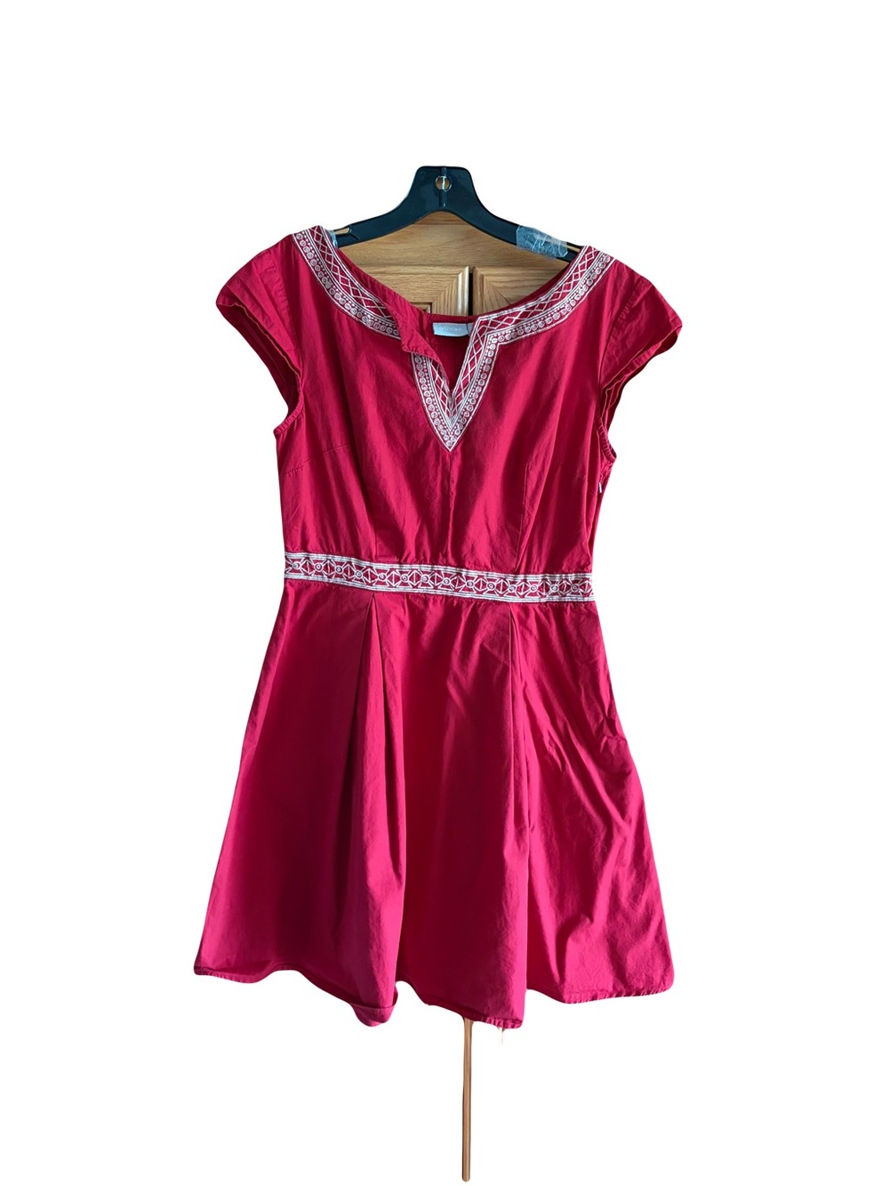 eShakti CUSTOM Red Embroidered Waist Fit-and-Flare Dress - Picture 1 of 11